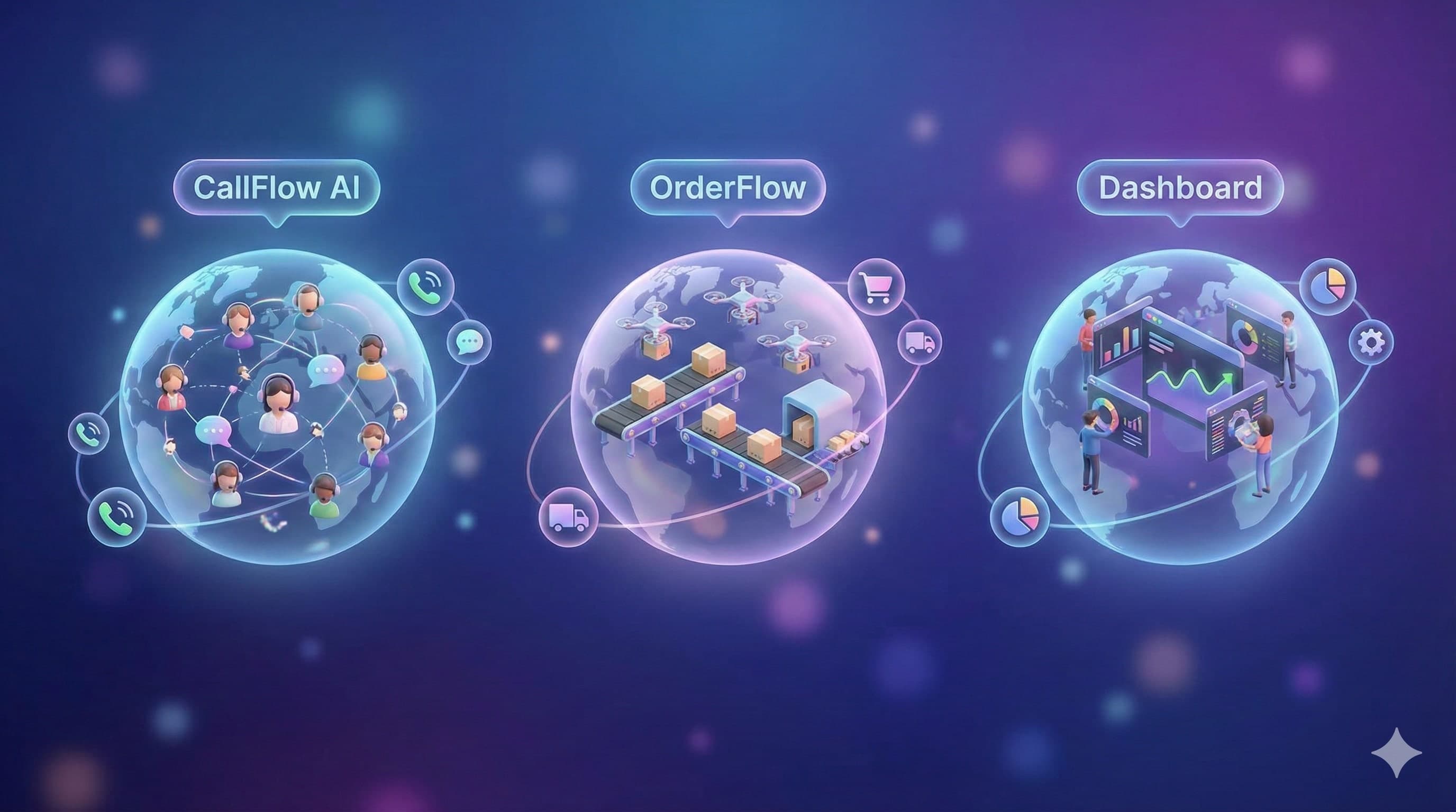 Automation ecosystem showing CallFlow AI, OrderFlow, and Dashboard